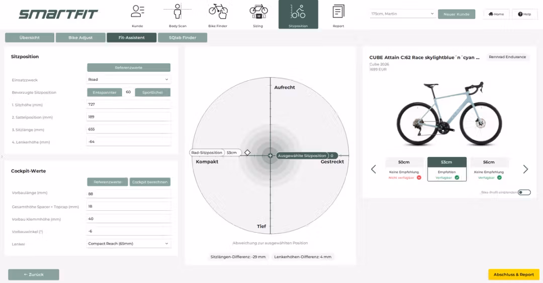 Fit Assistant Smartfit simulant les réglages de potence, cintre et selle