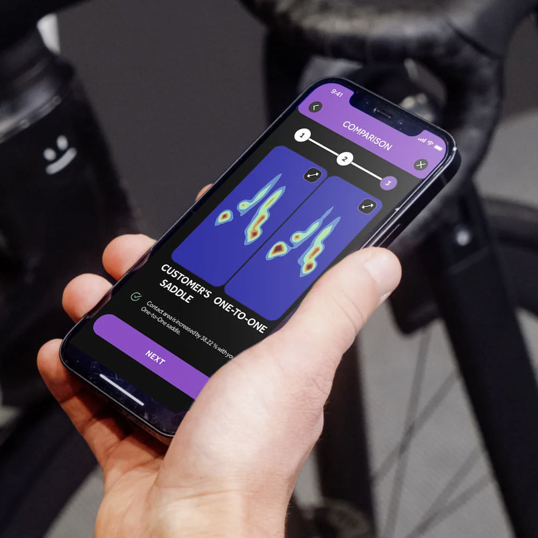 Cartographie thermique Fizik One-to-One montrant les zones de pression identifiées sur la selle