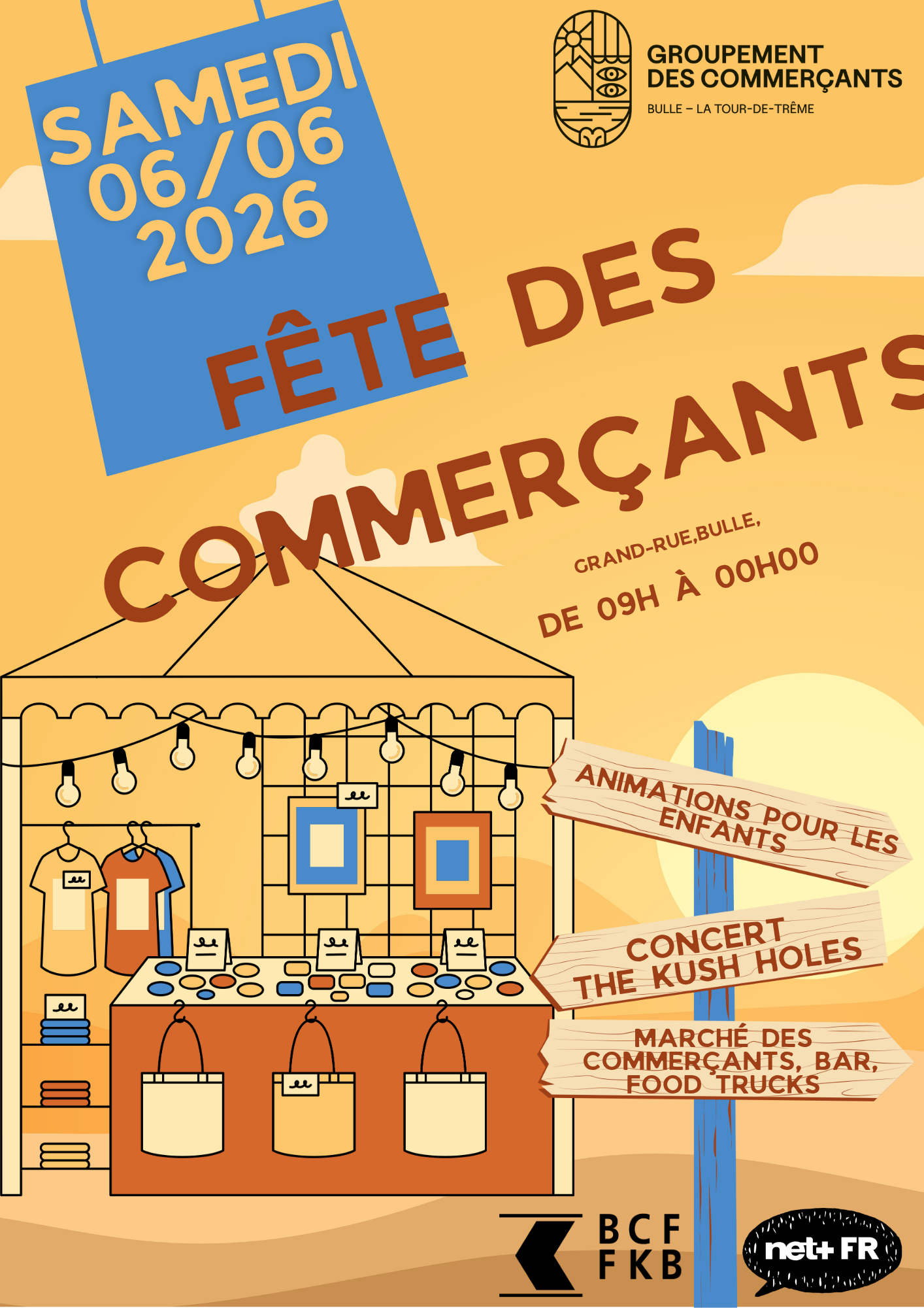 Affiche officielle de la Fête des commerçants de Bulle, samedi 6 juin 2026, Grand-Rue