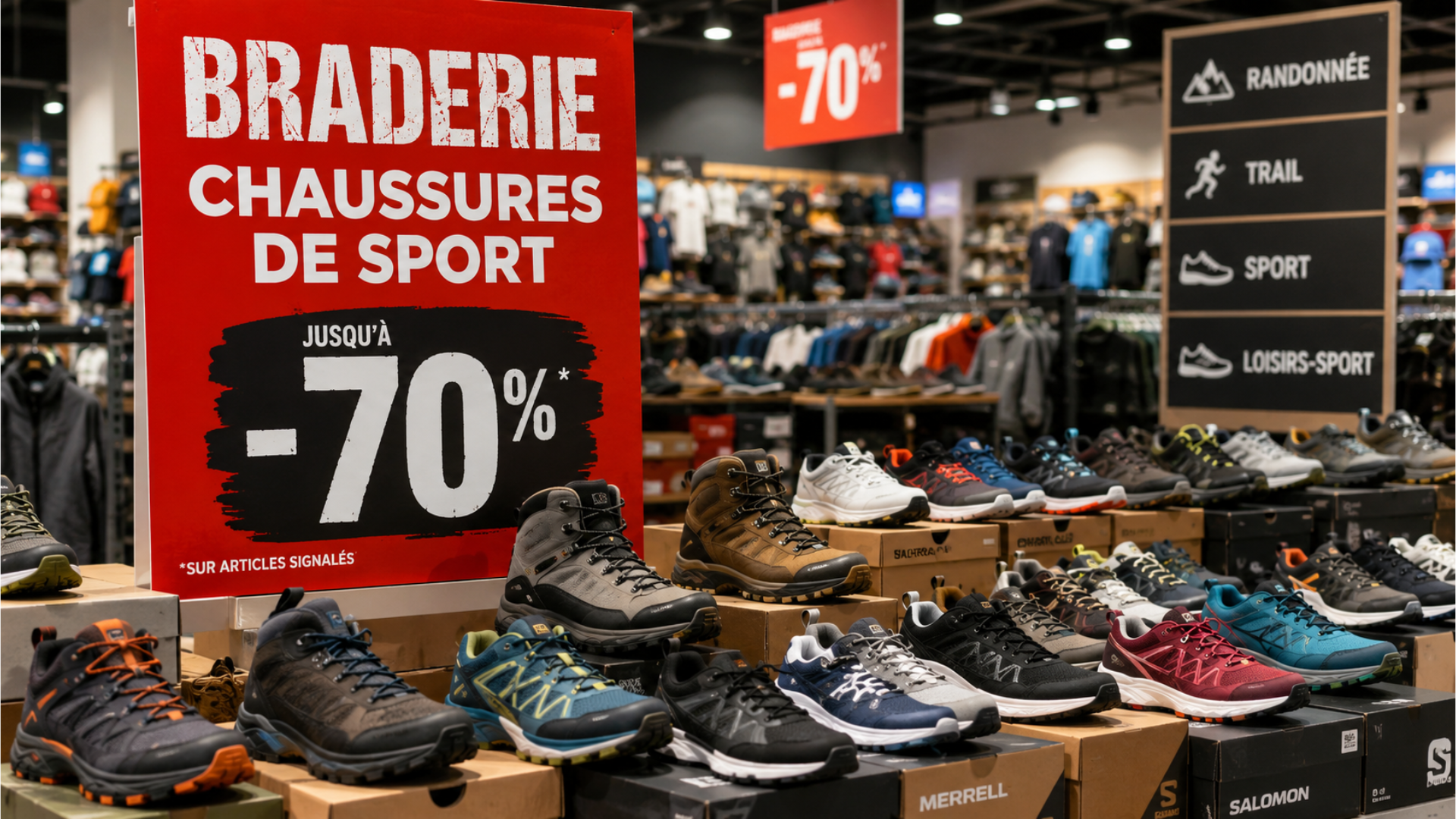 Braderie de chaussures de montagne, running, sport et loisirs dans la cour de Castella Sports à Bulle