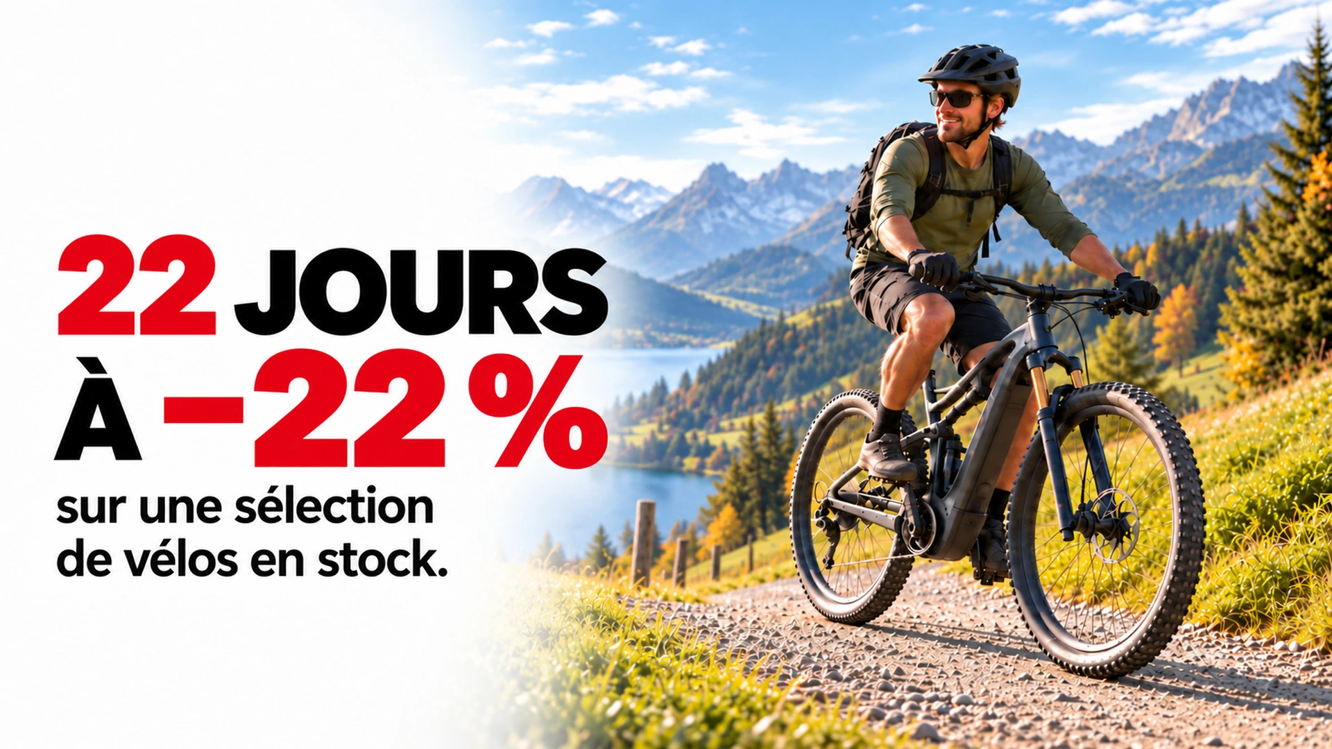 Un cycliste en montagne. 22 jours à −22 % sur une sélection de vélos en stock.