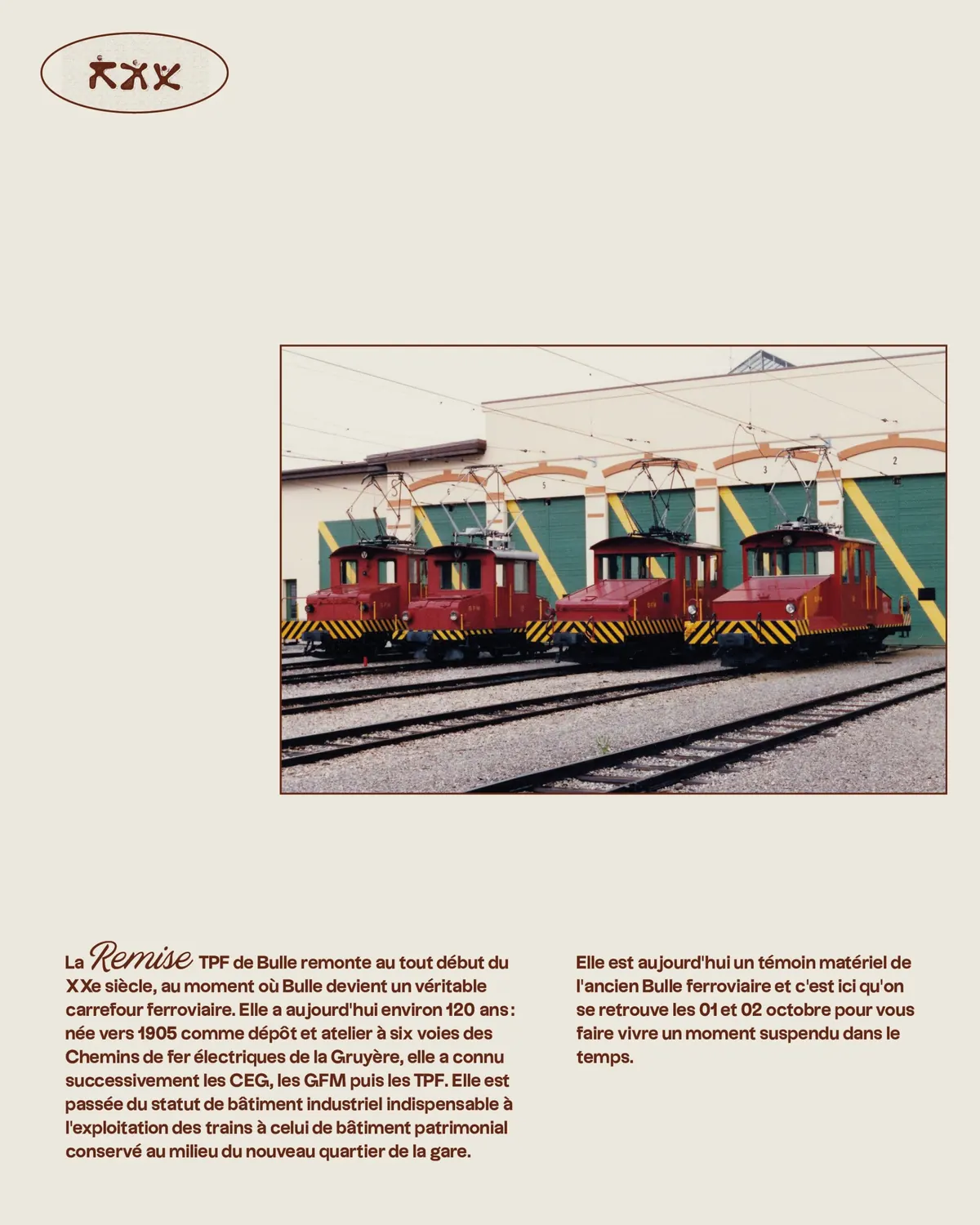 Locomotives GFM rouges devant l'ancienne remise ferroviaire TPF de Bulle, construite vers 1905