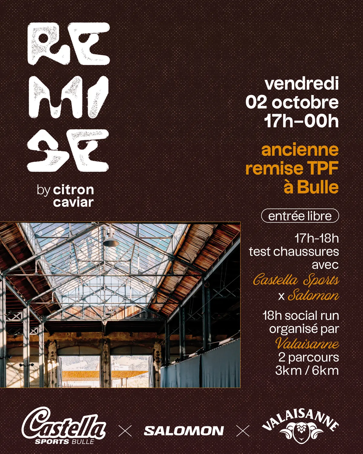 Affiche du Social Run Castella Sports × Salomon × Valaisanne à la Remise TPF de Bulle, vendredi 2 octobre 2026